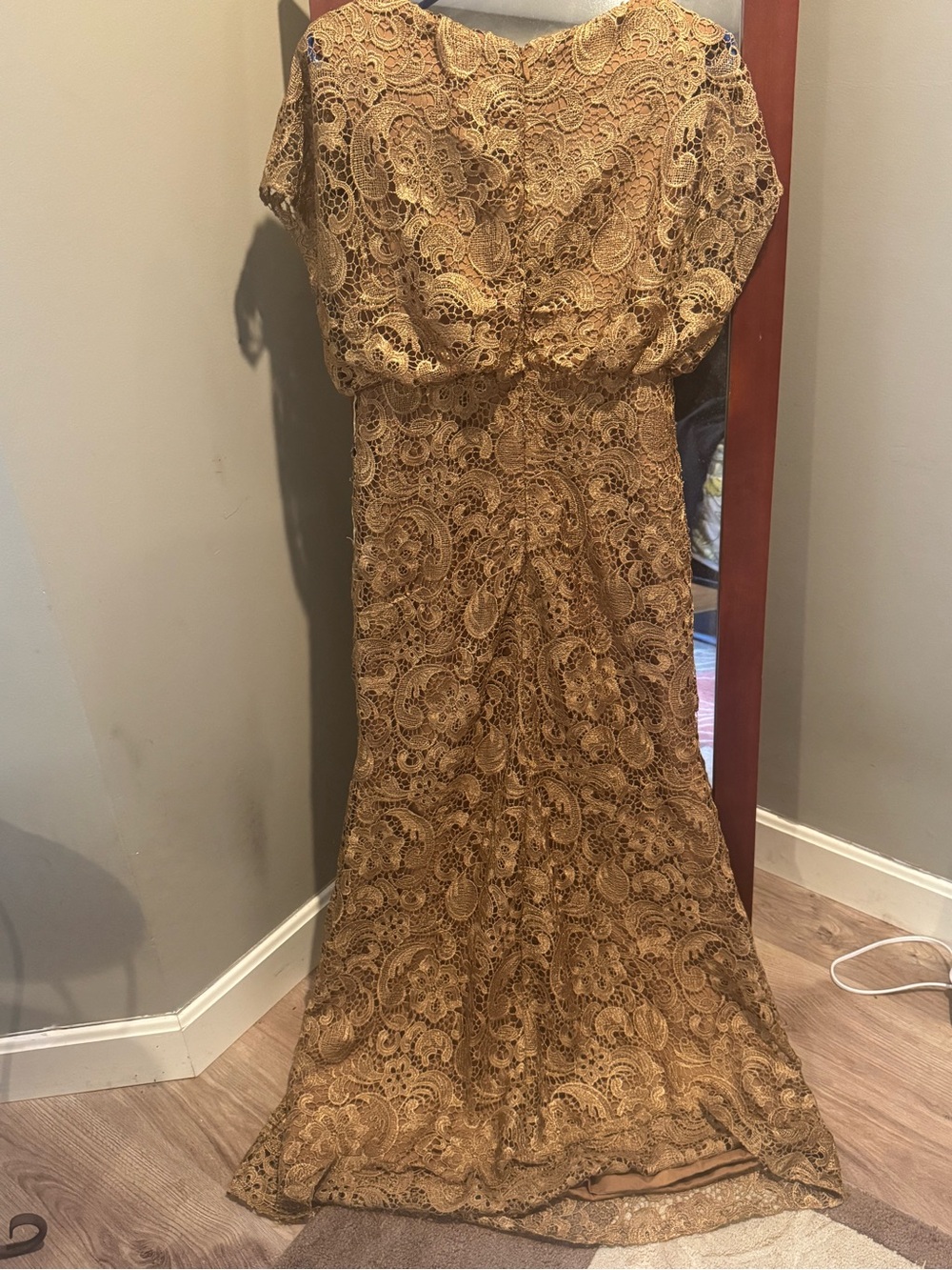 Gold Lace Evening Gown with Pink & Lavender Floral accents. Fall wedding guest - Picture 8 of 8